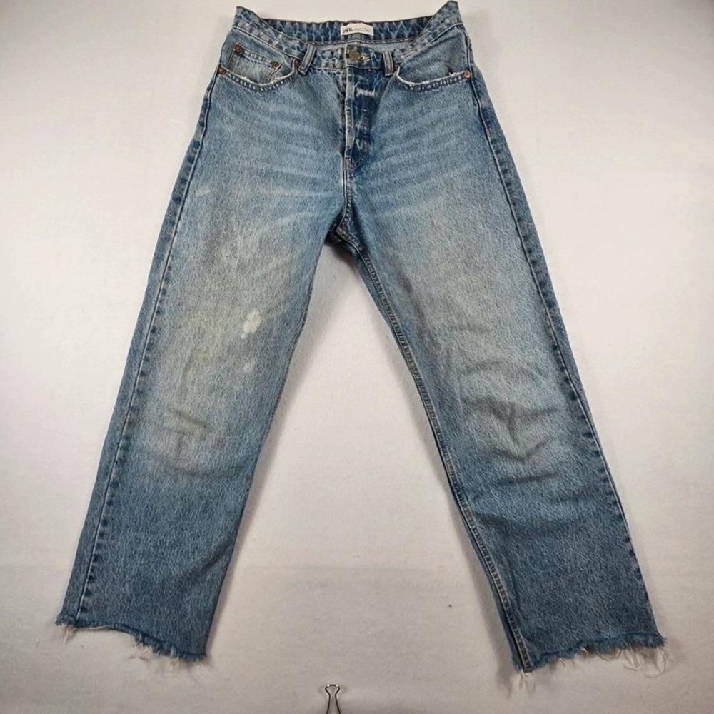 Zara Distressed Acid Wash Jeans Womens 6 Light Blue Button Fly Raw Hem Y2K Denim